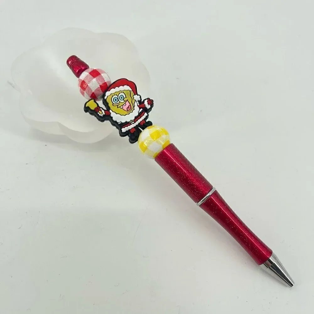SpongeBob Christmas Santa pen handmade NEW bell yellow red glitter metallic whit